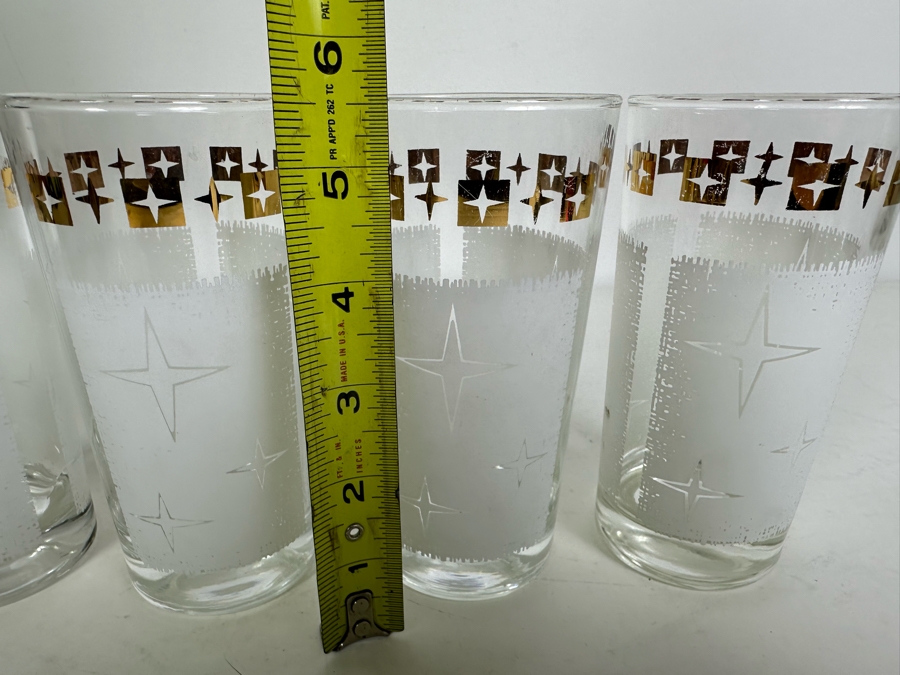 Four Vintage Atomic Sunburst Cosmic White & Gold Drinking Glasses 5.5'H [Photo 3]