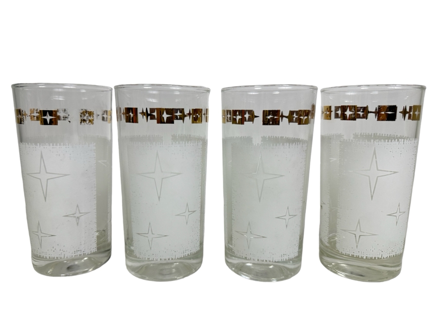 Four Vintage Atomic Sunburst Cosmic White & Gold Drinking Glasses 5.5'H [Photo 1]