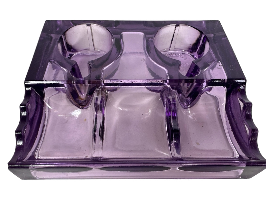 Antique 1911 Patent Date Double Inkwell Purple Amethyst Glass Desk Set 7'W X 6'D