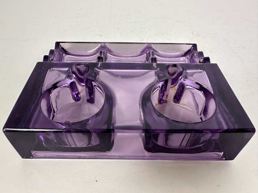 Antique 1911 Patent Date Double Inkwell Purple Amethyst Glass Desk Set 7'W X 6'D [Photo 4]