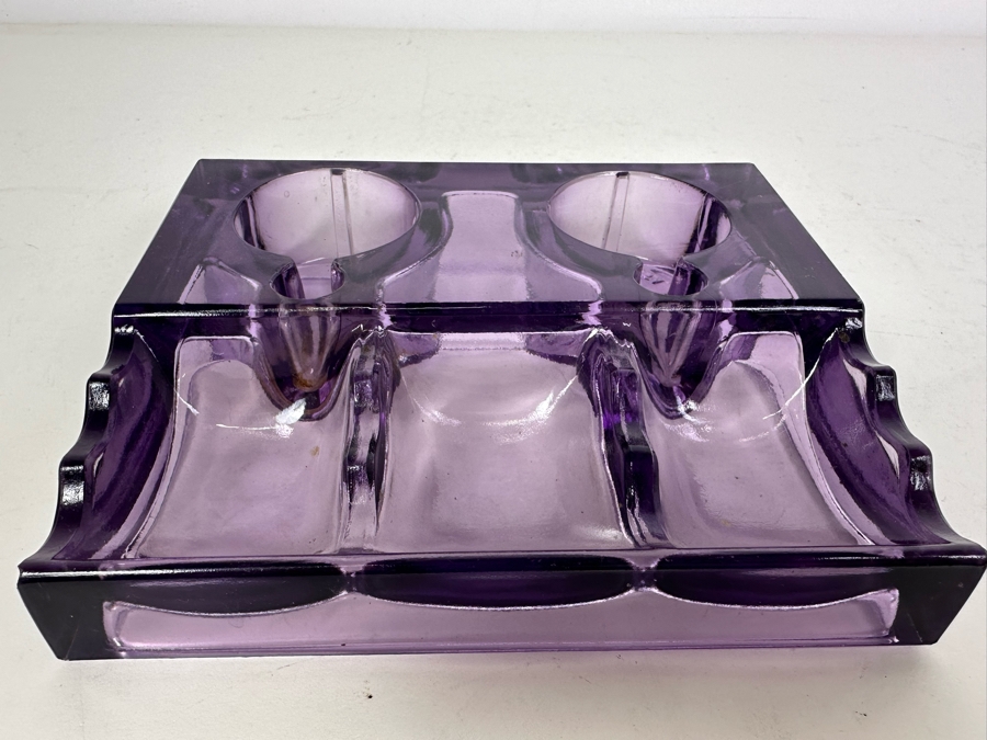 Antique 1911 Patent Date Double Inkwell Purple Amethyst Glass Desk Set 7'W X 6'D [Photo 2]