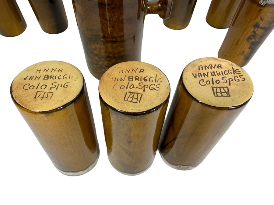 Signed Van Briggle Pottery Set With Tall Pitcher 11.5'H And Eight Matching Cups 6'H All Signed Anna Van Briggle Colo Springs [Photo 3]