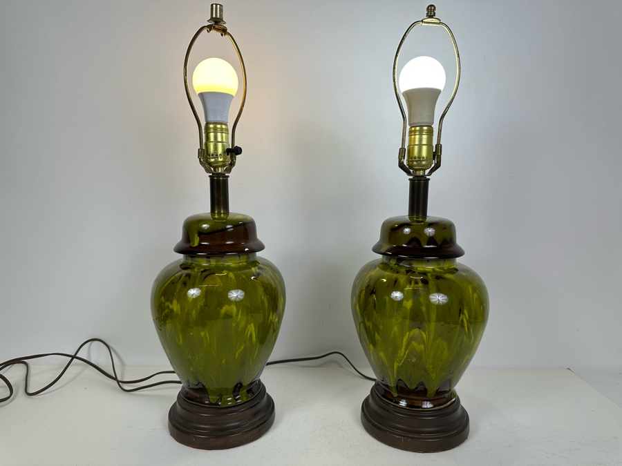 Pair Of Vintage Glazed Ceramic Pottery Table Lamps 22'H No Shades [Photo 3]