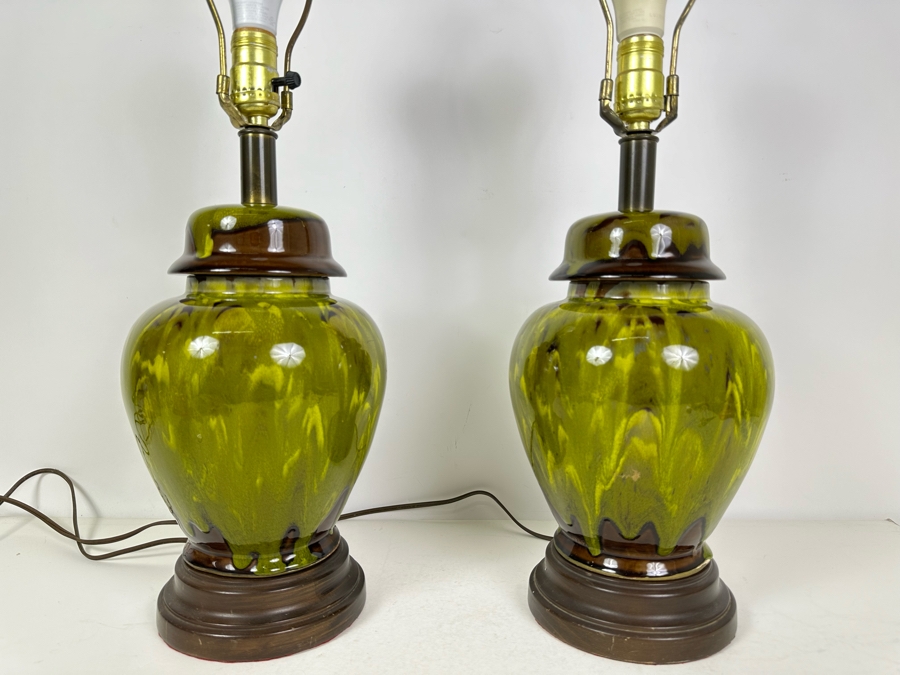 Pair Of Vintage Glazed Ceramic Pottery Table Lamps 22'H No Shades [Photo 2]