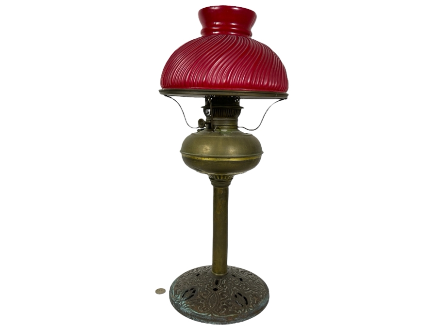 Vintage Rayo Oil Lamp With Red Glass Shade 24'H