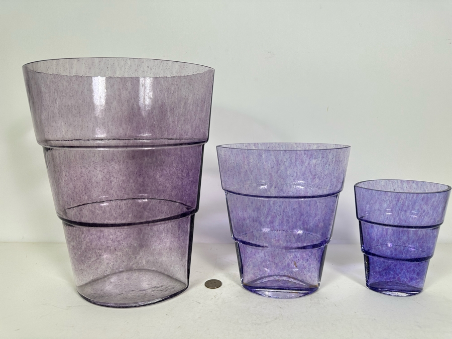 Three Kosta Boda Ann Wahlstrom Signed Swedish Glass Vases In Amethyst Purple Violet 11.5'H - 5.75'H [Photo 6]