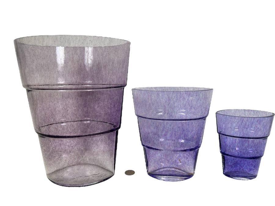 Three Kosta Boda Ann Wahlstrom Signed Swedish Glass Vases In Amethyst Purple Violet 11.5'H - 5.75'H [Photo 1]