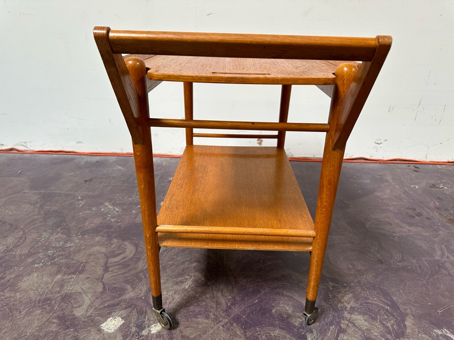 Vintage MCM Danish Modern Oak Bar Cart Trolley With Casters And Removable Serving Tray 32'W X 17'D X 28'H [Photo 9]