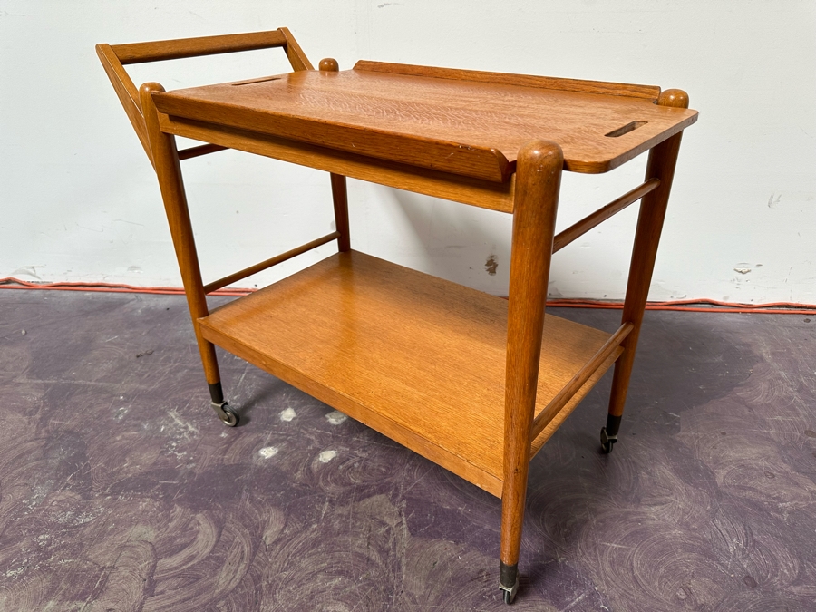 Vintage MCM Danish Modern Oak Bar Cart Trolley With Casters And Removable Serving Tray 32'W X 17'D X 28'H [Photo 3]