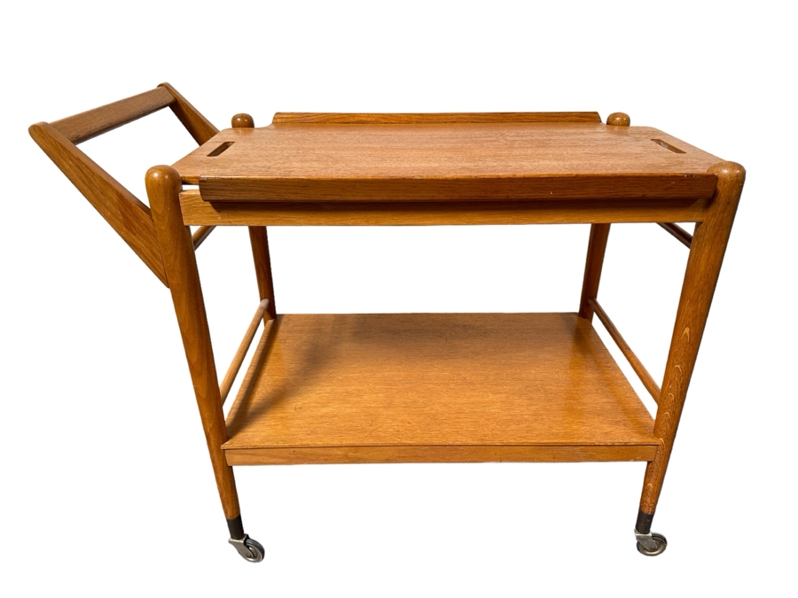 Vintage MCM Danish Modern Oak Bar Cart Trolley With Casters And Removable Serving Tray 32'W X 17'D X 28'H [Photo 1]