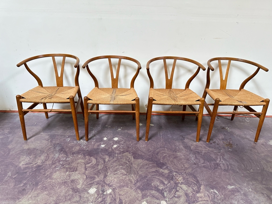 Carl Hansen & Son CH24 Wishbone Chair By Carl Hensen Odense Denmark, Four Chairs (Note One Chair Has Chip Underneath Arm, Also Rope Seating Needs Repair - See Photos) - 21W X 21D X 28.5H [Photo 4]