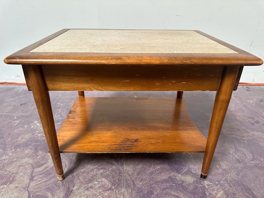 Mid-Century Modern Walnut Side Table With Marble Top 27.5'W X 21'D X 20'H [Photo 6]