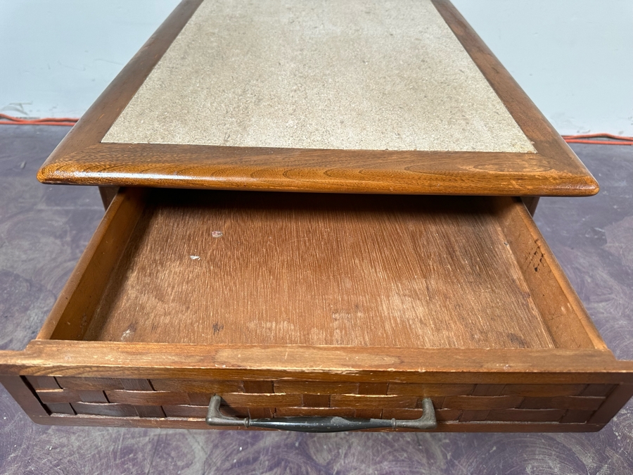 Mid-Century Modern Walnut Side Table With Marble Top 27.5'W X 21'D X 20'H [Photo 4]