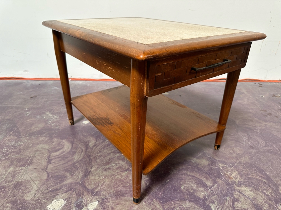 Mid-Century Modern Walnut Side Table With Marble Top 27.5'W X 21'D X 20'H [Photo 5]