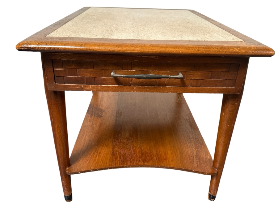 Mid-Century Modern Walnut Side Table With Marble Top 27.5'W X 21'D X 20'H