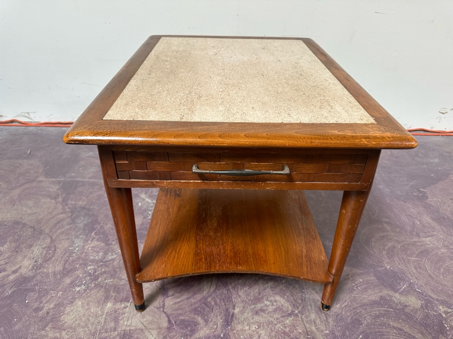 Mid-Century Modern Walnut Side Table With Marble Top 27.5'W X 21'D X 20'H [Photo 2]