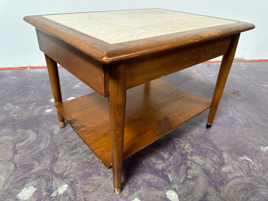 Mid-Century Modern Walnut Side Table With Marble Top 27.5'W X 21'D X 20'H [Photo 7]