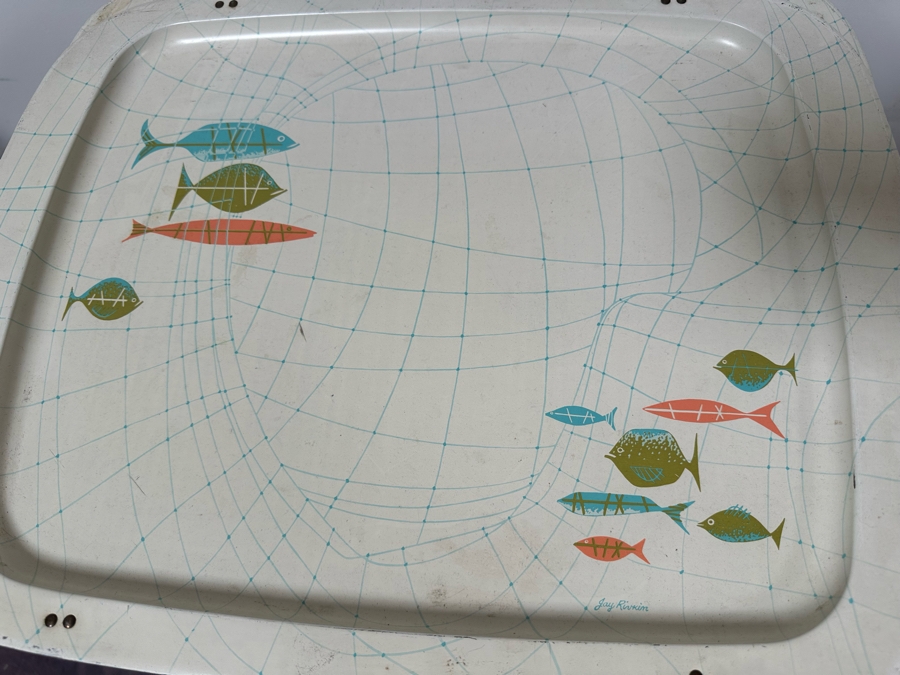 Six Mid-Century Modern Jay Rivkin Retro Fish Design Metal TV Trays 21' X 16' With Stand Carrier [Photo 5]