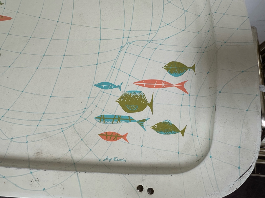 Six Mid-Century Modern Jay Rivkin Retro Fish Design Metal TV Trays 21' X 16' With Stand Carrier [Photo 3]