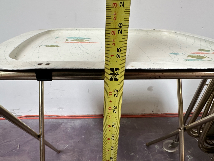 Six Mid-Century Modern Jay Rivkin Retro Fish Design Metal TV Trays 21' X 16' With Stand Carrier [Photo 8]