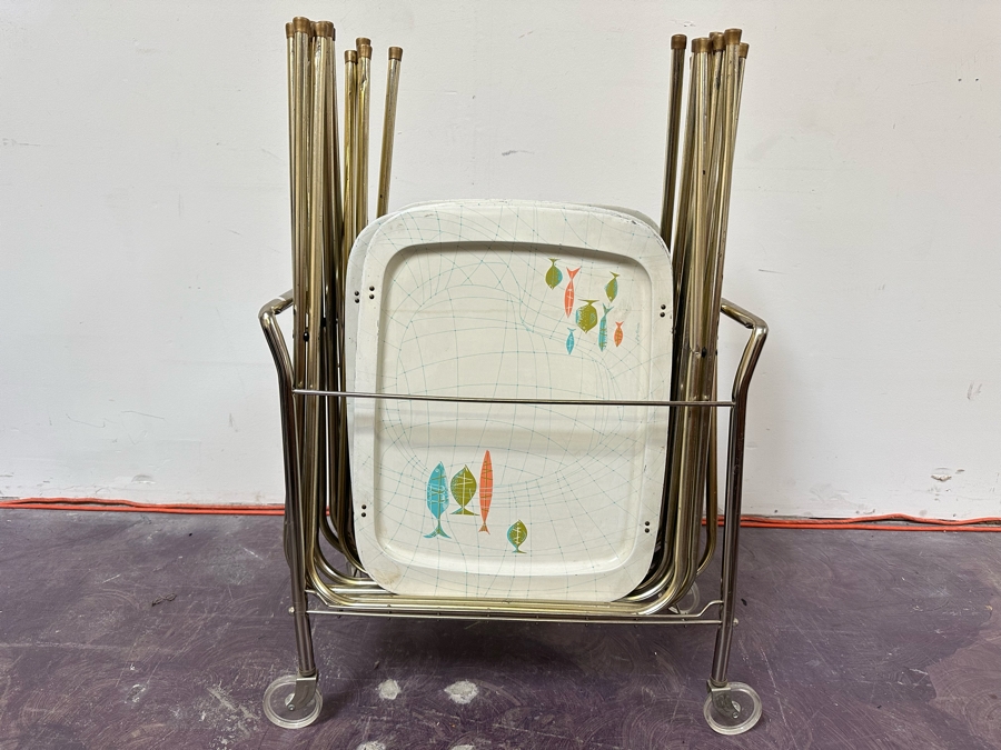 Six Mid-Century Modern Jay Rivkin Retro Fish Design Metal TV Trays 21' X 16' With Stand Carrier [Photo 2]