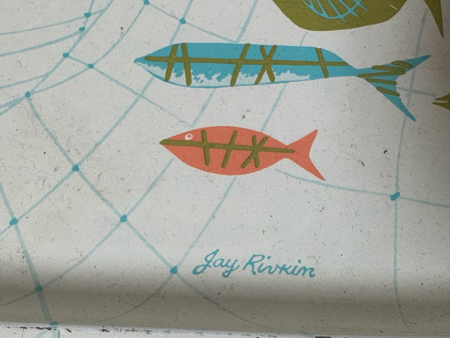 Six Mid-Century Modern Jay Rivkin Retro Fish Design Metal TV Trays 21' X 16' With Stand Carrier [Photo 4]