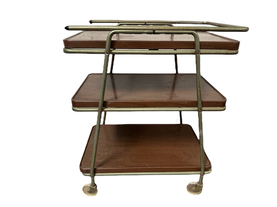 Vintage Mid-Century Modern Metal 3-Tier Bar Cart Trolley With Casters And Removable Serving Trays By Hamilton Cosco 25'W X 17'D X 31'H