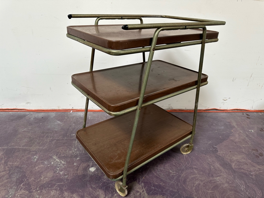 Vintage Mid-Century Modern Metal 3-Tier Bar Cart Trolley With Casters And Removable Serving Trays By Hamilton Cosco 25'W X 17'D X 31'H [Photo 2]