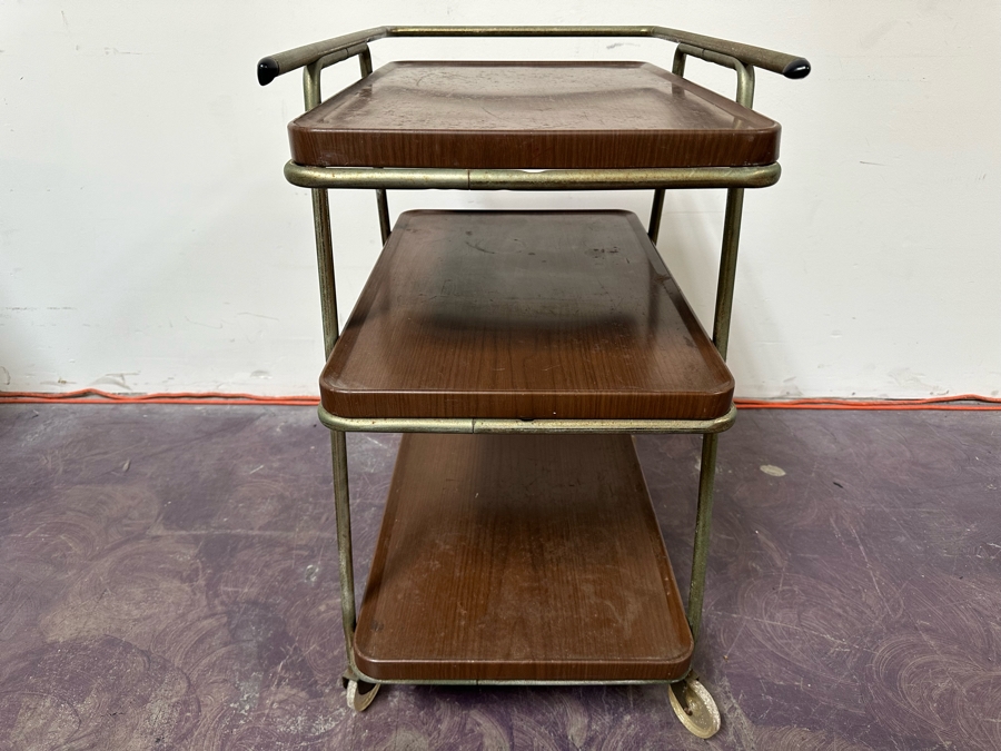 Vintage Mid-Century Modern Metal 3-Tier Bar Cart Trolley With Casters And Removable Serving Trays By Hamilton Cosco 25'W X 17'D X 31'H [Photo 3]