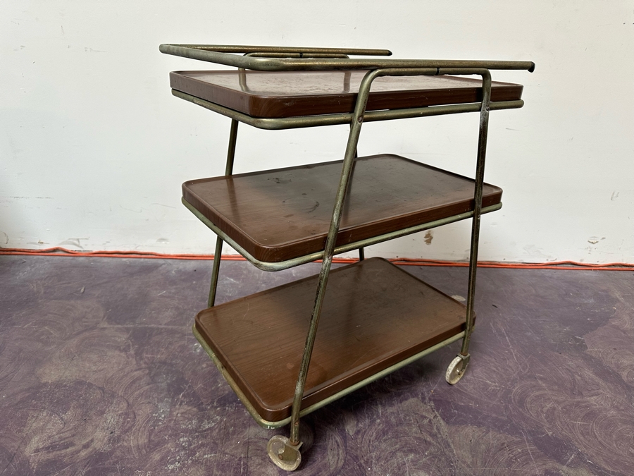 Vintage Mid-Century Modern Metal 3-Tier Bar Cart Trolley With Casters And Removable Serving Trays By Hamilton Cosco 25'W X 17'D X 31'H [Photo 5]