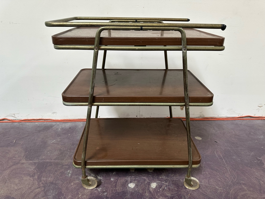 Vintage Mid-Century Modern Metal 3-Tier Bar Cart Trolley With Casters And Removable Serving Trays By Hamilton Cosco 25'W X 17'D X 31'H [Photo 4]