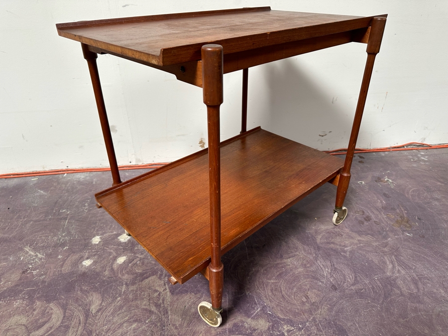 Mid-Century Modern Teak Bar Cart Trolley With Casters And Two Removable Trays 31.5'W X 21.5'D X 30'H [Photo 12]