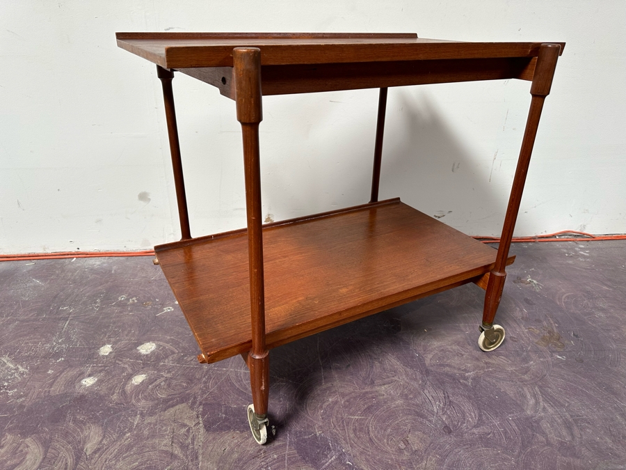 Mid-Century Modern Teak Bar Cart Trolley With Casters And Two Removable Trays 31.5'W X 21.5'D X 30'H [Photo 5]