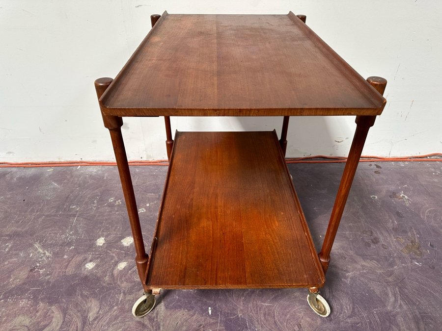 Mid-Century Modern Teak Bar Cart Trolley With Casters And Two Removable Trays 31.5'W X 21.5'D X 30'H [Photo 8]