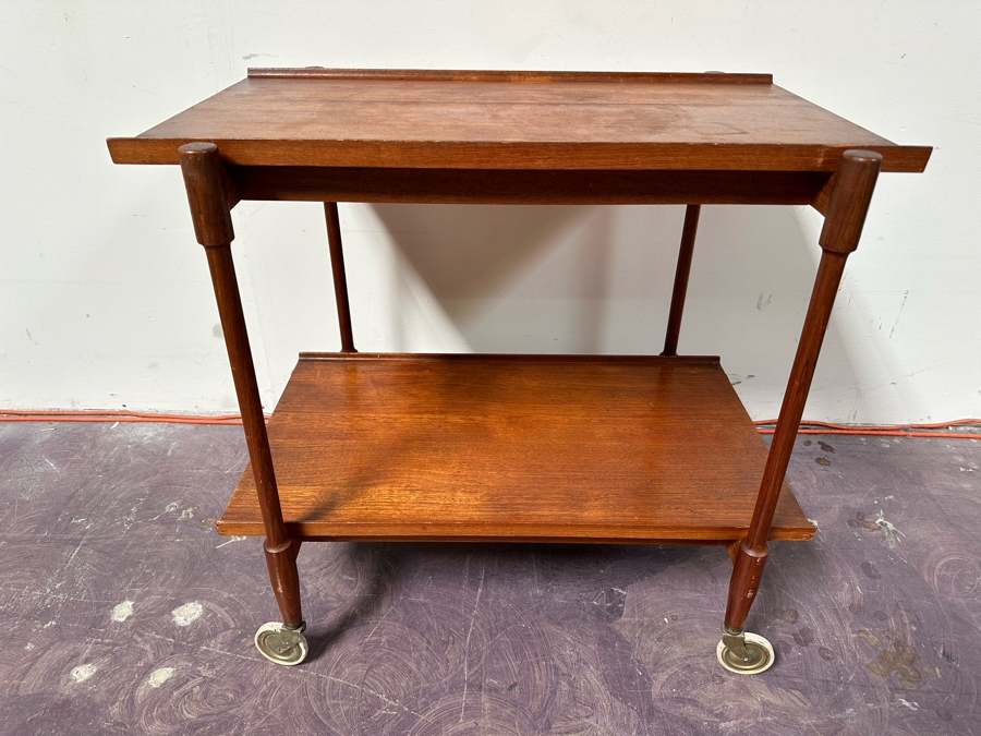 Mid-Century Modern Teak Bar Cart Trolley With Casters And Two Removable Trays 31.5'W X 21.5'D X 30'H [Photo 3]