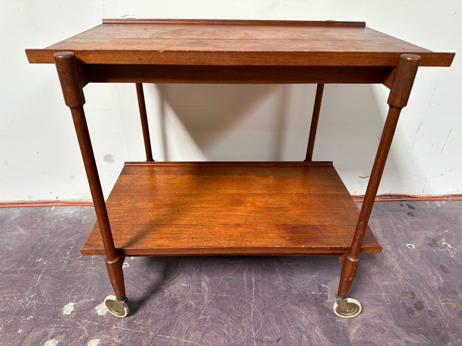 Mid-Century Modern Teak Bar Cart Trolley With Casters And Two Removable Trays 31.5'W X 21.5'D X 30'H [Photo 10]