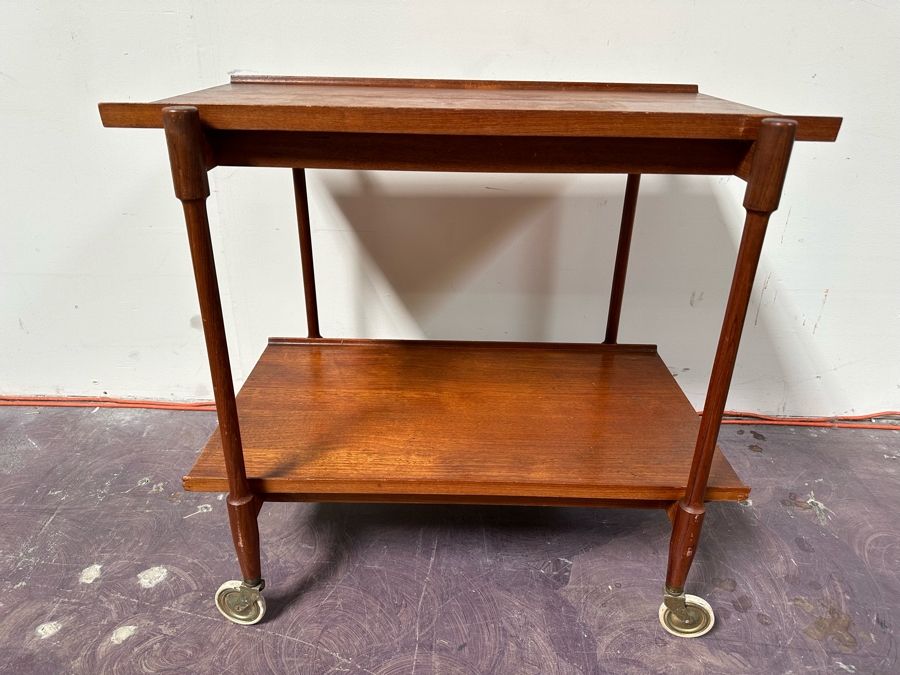 Mid-Century Modern Teak Bar Cart Trolley With Casters And Two Removable Trays 31.5'W X 21.5'D X 30'H [Photo 2]