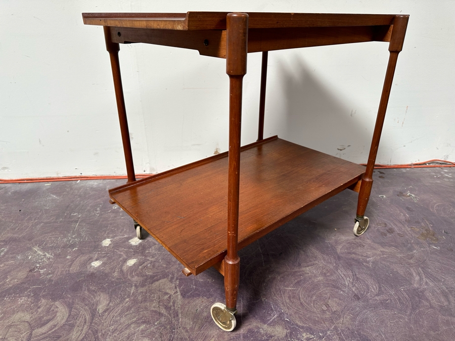 Mid-Century Modern Teak Bar Cart Trolley With Casters And Two Removable Trays 31.5'W X 21.5'D X 30'H [Photo 11]