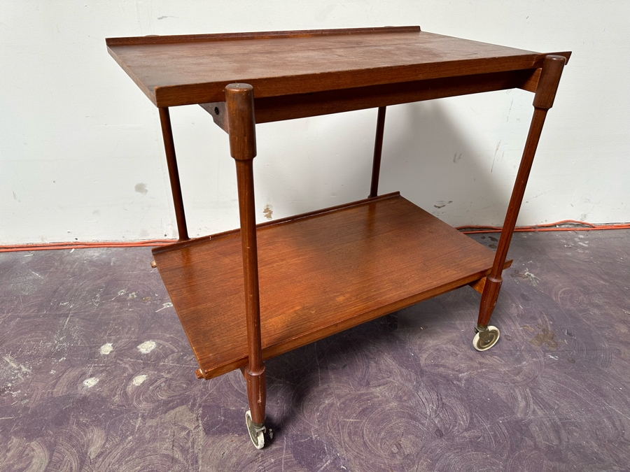Mid-Century Modern Teak Bar Cart Trolley With Casters And Two Removable Trays 31.5'W X 21.5'D X 30'H [Photo 6]