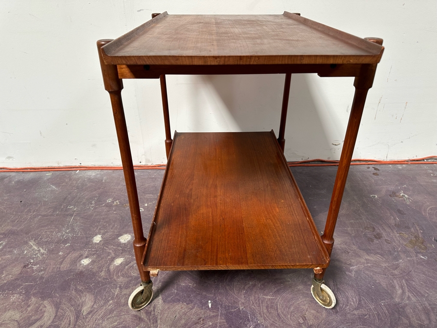 Mid-Century Modern Teak Bar Cart Trolley With Casters And Two Removable Trays 31.5'W X 21.5'D X 30'H [Photo 7]