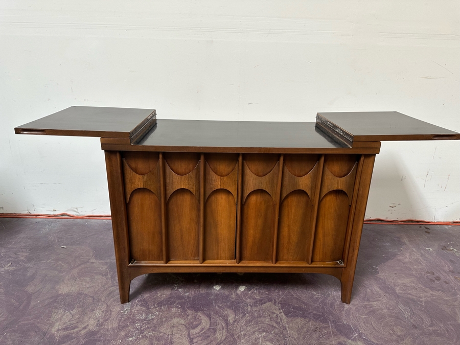 Vintage Mid-Century Modern Kent Coffey Perspecta Walnut Bar Cart Server Buffet (Both Back Legs Have Hairline Cracks - See Photos) 39.25'W X 18.5'D X 29'H [Photo 6]