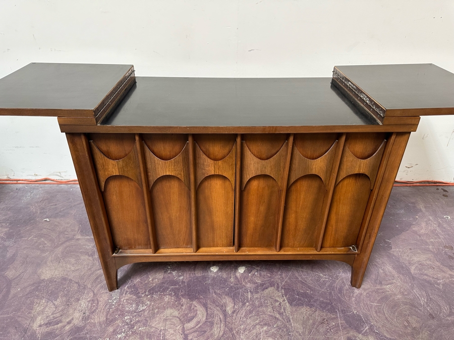 Vintage Mid-Century Modern Kent Coffey Perspecta Walnut Bar Cart Server Buffet (Both Back Legs Have Hairline Cracks - See Photos) 39.25'W X 18.5'D X 29'H [Photo 7]