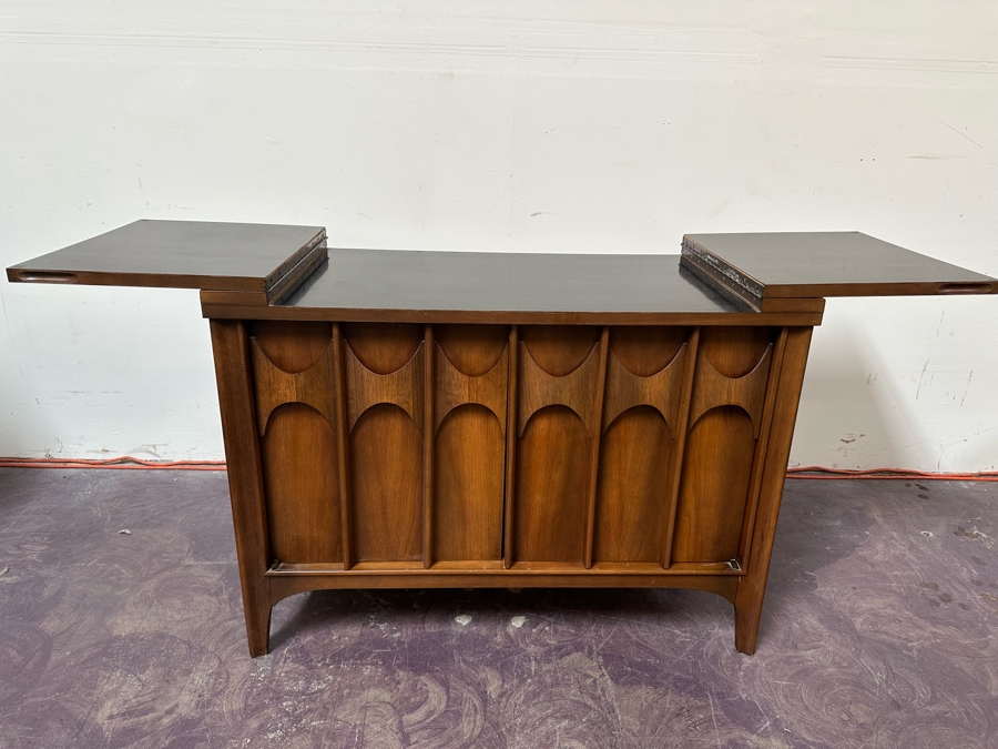 Vintage Mid-Century Modern Kent Coffey Perspecta Walnut Bar Cart Server Buffet (Both Back Legs Have Hairline Cracks - See Photos) 39.25'W X 18.5'D X 29'H [Photo 5]