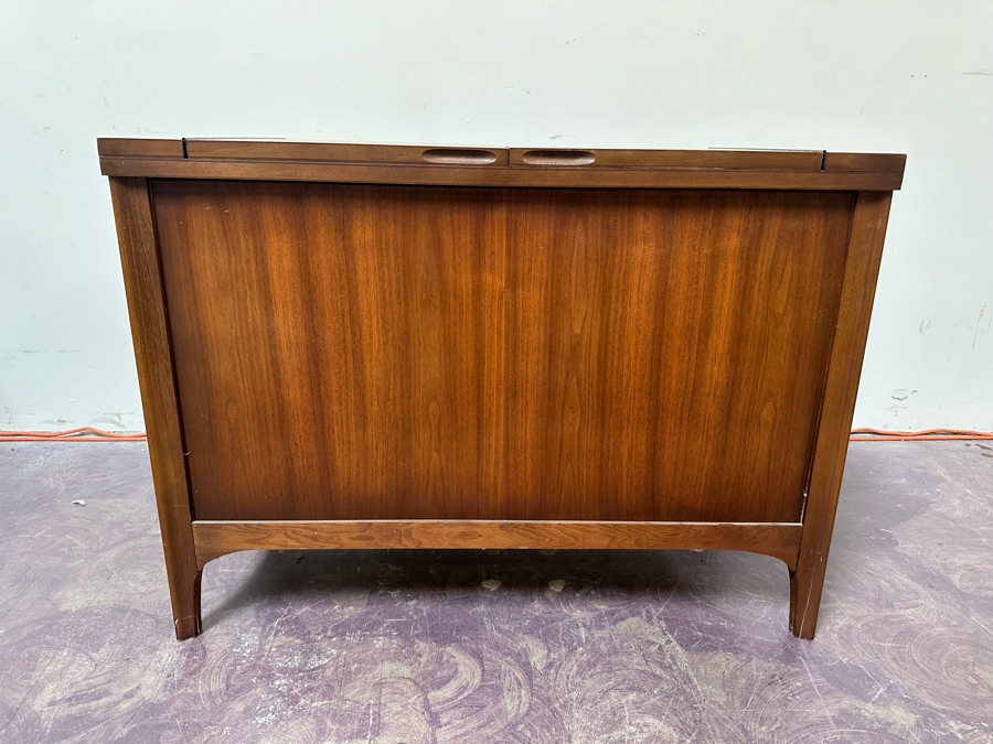 Vintage Mid-Century Modern Kent Coffey Perspecta Walnut Bar Cart Server Buffet (Both Back Legs Have Hairline Cracks - See Photos) 39.25'W X 18.5'D X 29'H [Photo 13]