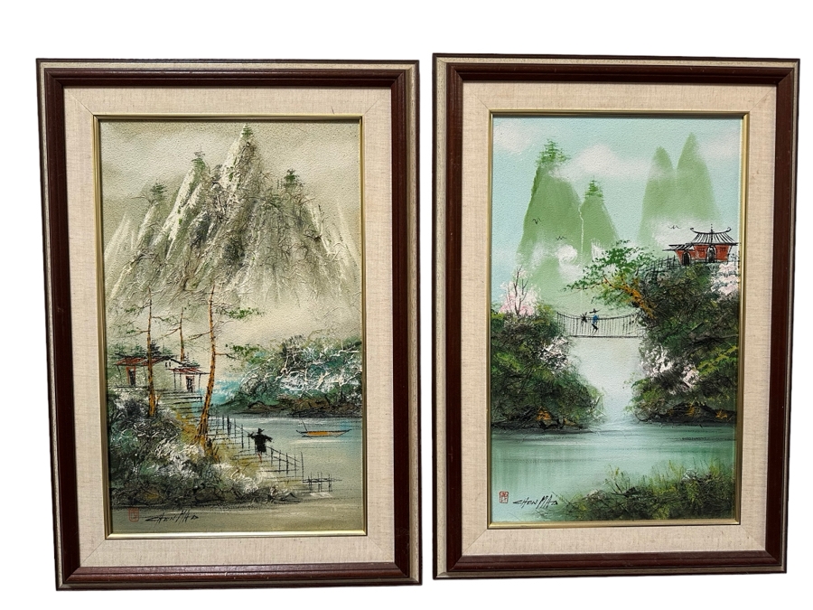 Pair Of Original Mao Chen (1942-2011, China / Hong Kong) Mixed Media Landscape Paintings With Horse Hair 14.5' X 23.5' Framed 21.5' X 30'