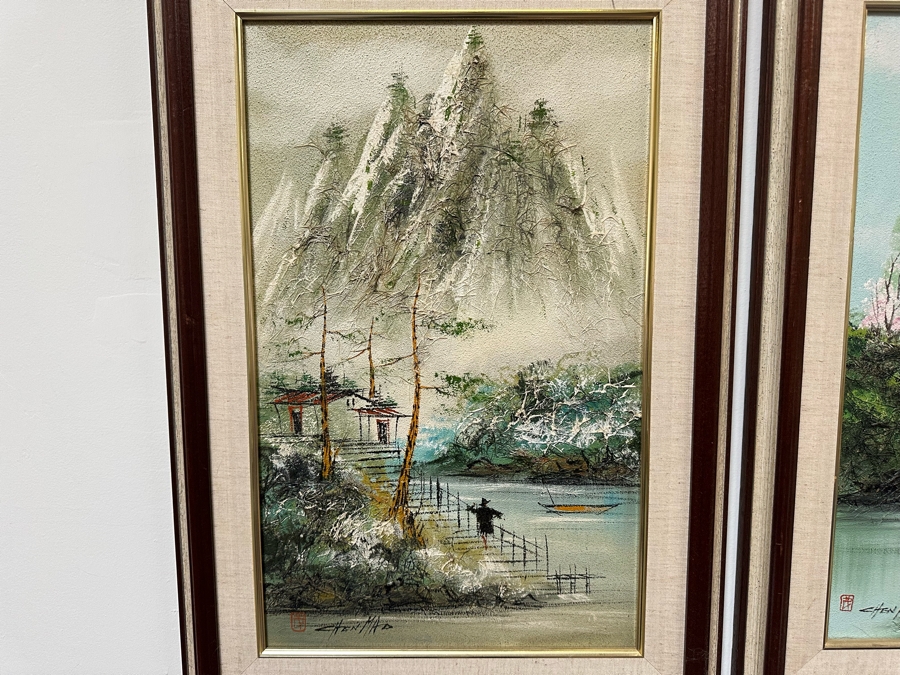 Pair Of Original Mao Chen (1942-2011, China / Hong Kong) Mixed Media Landscape Paintings With Horse Hair 14.5' X 23.5' Framed 21.5' X 30' [Photo 2]