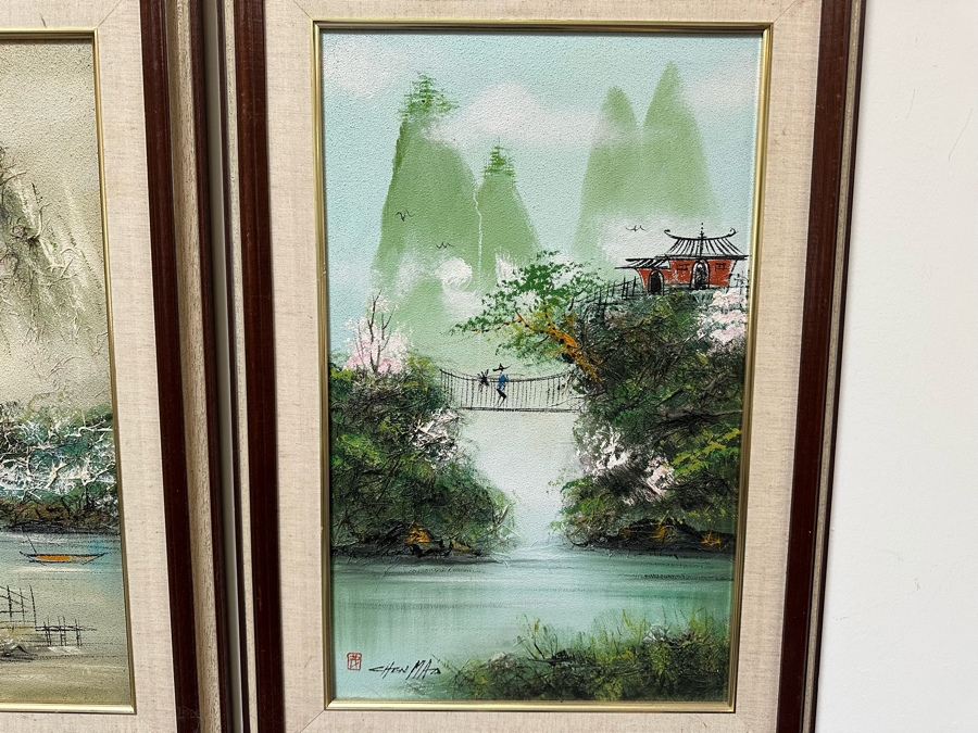 Pair Of Original Mao Chen (1942-2011, China / Hong Kong) Mixed Media Landscape Paintings With Horse Hair 14.5' X 23.5' Framed 21.5' X 30' [Photo 7]