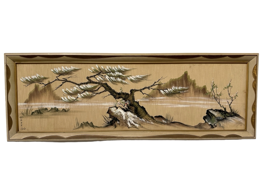 Original Vintage Mid-Century Modern Hand Painting By Carlo Of Hollywood Asian Landscape Painting 59' X 17.5' With Original Frame 64.5'W X 22.5'H	 [Photo 1]