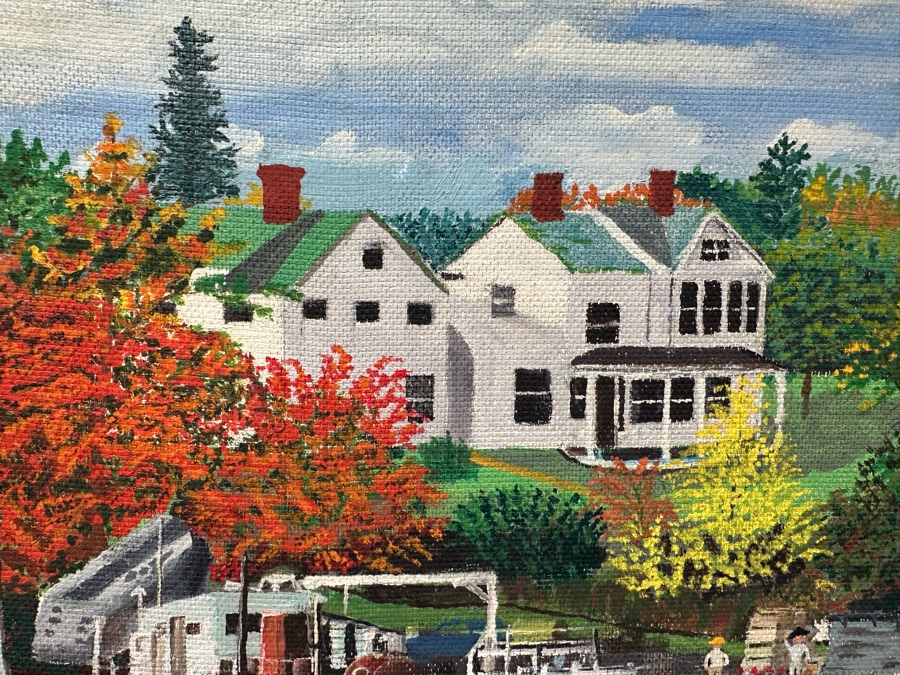 Original Folk Art Painting On Board Of East Coast Fishing Harbor By W. Weidman 1966 27.5' X 21.5' Framed 33.5' X 27.5' [Photo 5]