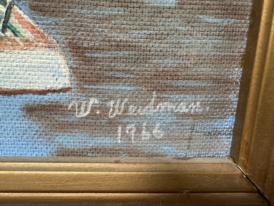 Original Folk Art Painting On Board Of East Coast Fishing Harbor By W. Weidman 1966 27.5' X 21.5' Framed 33.5' X 27.5' [Photo 9]